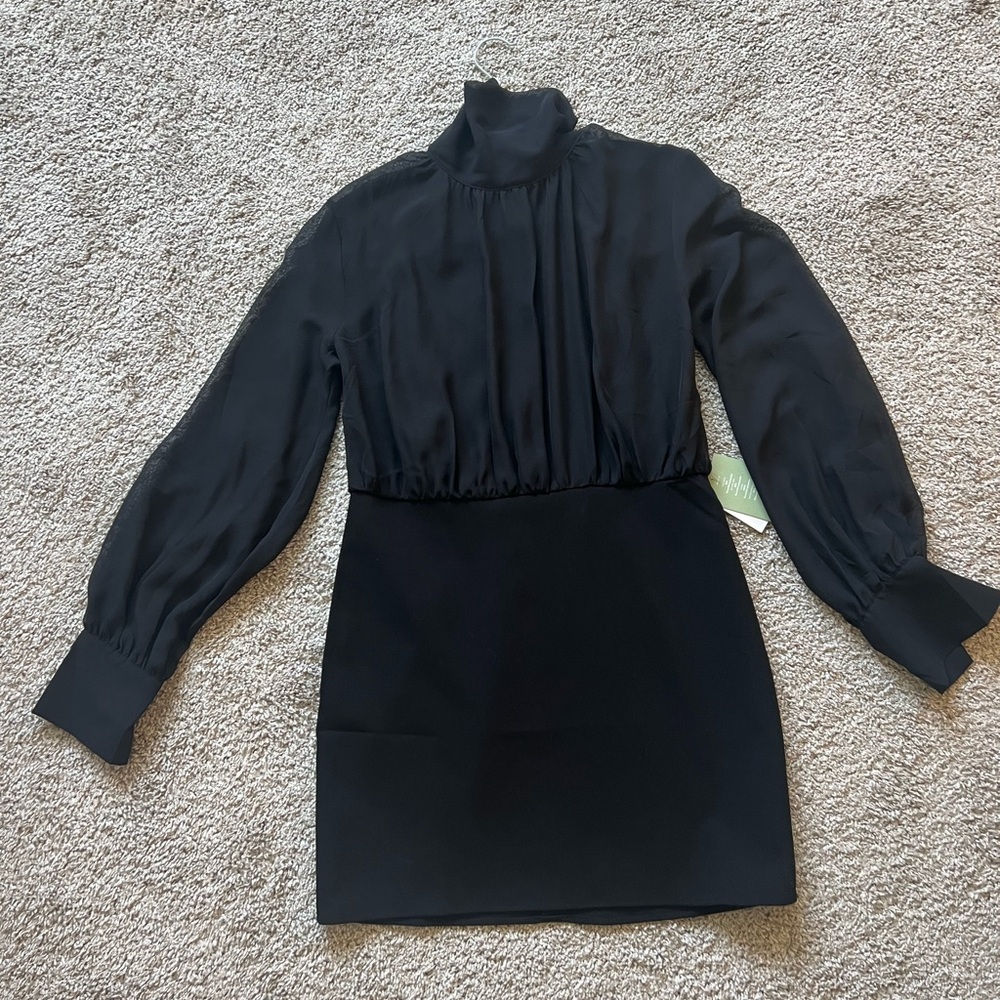 H&M Black Pleated Sheath Dress with Bishop Sleeves Size M NWT